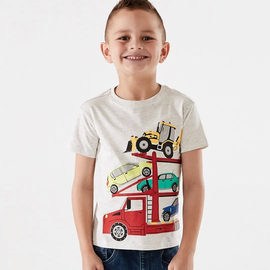 Young Boy Short Sleeve T-Shirt with Made in Transportation Print